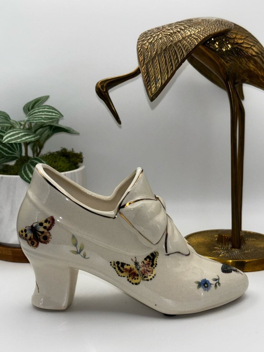 Vintage Victorian-Style Ceramic Shoe-Shaped Vase with Bow and Butterflies